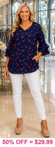 NEW Navy blue top with cherry print