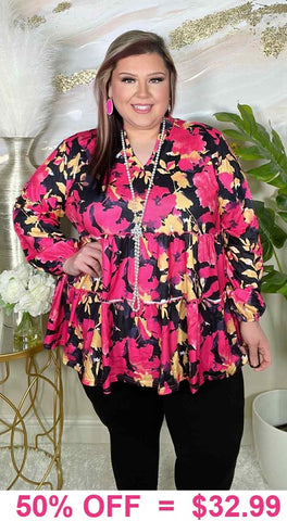 Pink & Black Floral Baby Doll Top - Loose Fitting