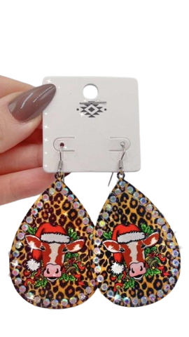 Christmas Cow Leopard teardrop earrings