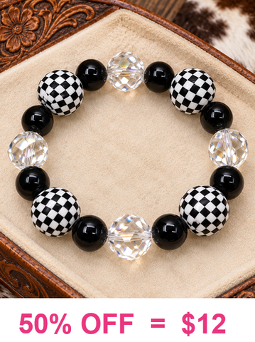 Crystal, Checkered, Black beaded stretchy bracelet