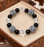 Crystal, Checkered, Black beaded stretchy bracelet