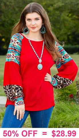 Red top with Tribal & Leopard bubble sleeve