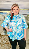 Blue swirl ruffle sleeve top