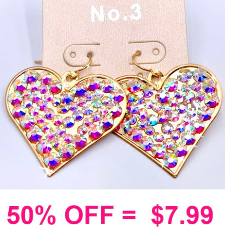 Gold Heart Earrings with Bling AB Rhinestones