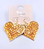 Gold Heart Earrings with Bling Amber Rhinestones