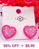 Neon Pink Heart stud earrings with bling AB Rhinestones
