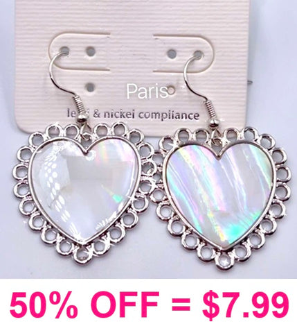 Pearlized heart earrings silver trim