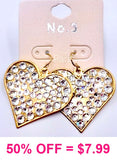 Gold Heart Earrings with Bling Clear Rhinestones