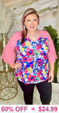 Blue Floral top with pink bell sleeves
