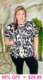 2X, 3X : Black & Cream ruffle sleeve blouse