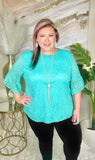 L, XL, 2X, 3X : Turquoise Lace Bell Sleeve Blouse