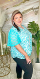 Turquoise & White sheer top with lace sleeves