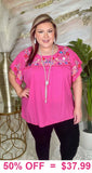 S, M, L, XL, (2X/3X) Pink light weight top with Embroidery