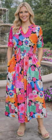 M/L : Colorful Flower Maxi Dress -Loose fit
