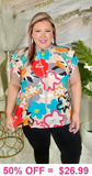 Flower top with mock neck and ruffle sleeve