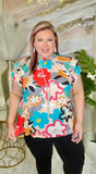 Flower top with mock neck and ruffle sleeve