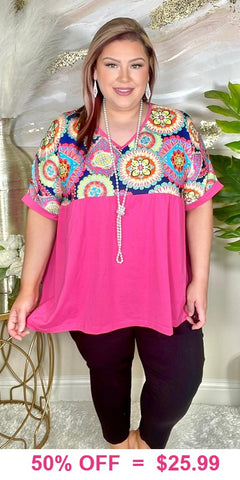 Neon Pink & Pinwheel top - loose fit