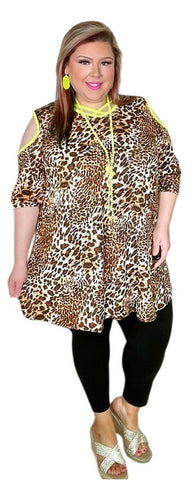 Leopard Flutter Tunic  with Neon Yellow Criss Cross Neck & Cold Shoulders