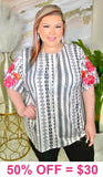 2X/3X : Tribal Top with Floral embroidery sleeves