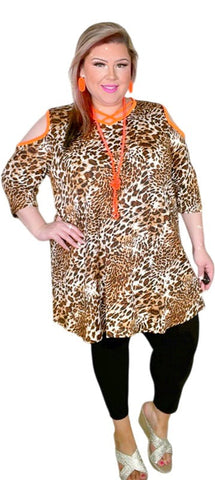 Leopard Flutter Tunic with Neon Orange Criss Cross Neck & Cold Shoulders