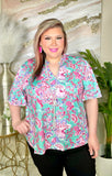 Turquoise & Pink Floral Top flutter sleeves