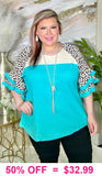 Turquoise blouse leopard ruffle sleeves