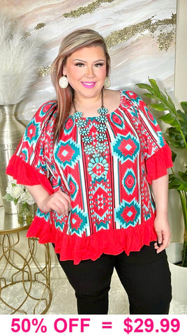 Red & Turquoise tribal ruffle trim top
