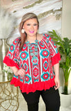 Red & Turquoise tribal ruffle trim top