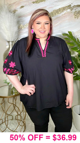 S,M, L, XL, 2X Black Top with Pink Embroidery
