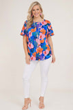 M,L, XL, 3X Blue Flower Top With Flutter Sleeves