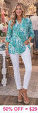 S, M, L, 2X, 3X  Green paisley v-neck top