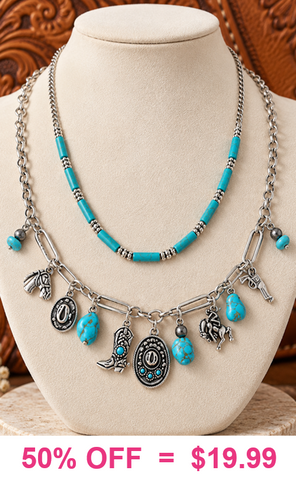Turquoise beaded, Western charms, 2 layer necklace