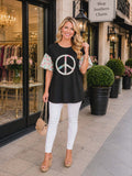 Peace sign floral fabric puff sleeve black top