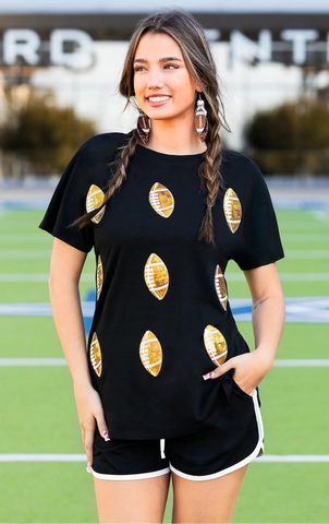 Football sequin patch top - black