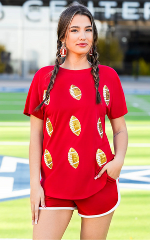 Football sequin patch top - red