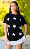 Texas white sequin patches on black top