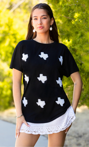 Texas white sequin patches on black top