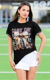 GAME DAY football bow, leopard ss tee - black