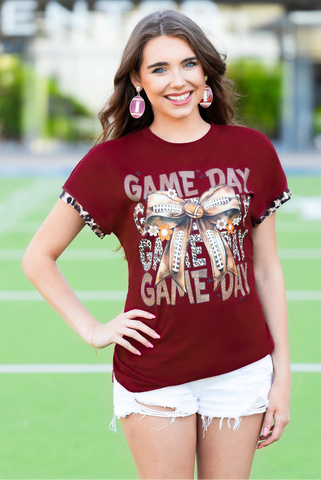 GAME DAY football bow, leopard ss tee - maroon