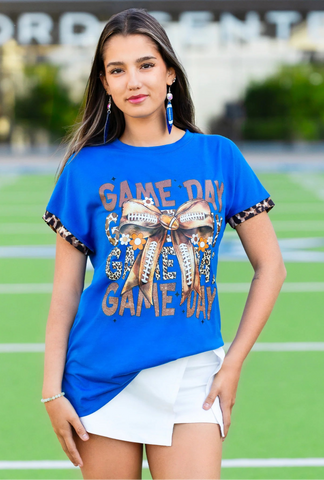 GAME DAY football bow, leopard ss tee - blue