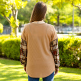 Tan Thermal Top with plaid sleeves