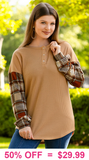 Tan Thermal Top with plaid sleeves