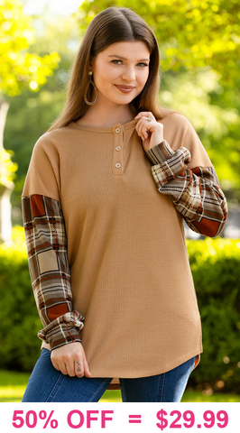Tan Thermal Top with plaid sleeves