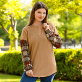 Tan Thermal Top with plaid sleeves