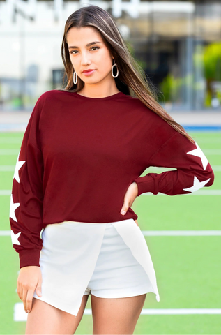 White SEQUIN TEXAS & Stars long sleeve top -Maroon