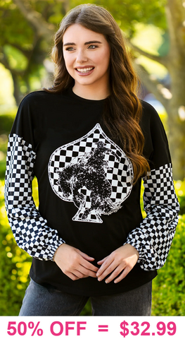 Bronc rider, spades, Checkered long sleeve top