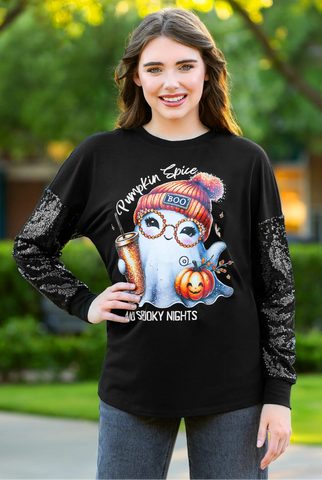 Pumpkin Spice & Spooky nights sequin sleeve top