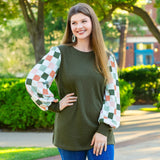 Olive Green top with checkered sleeves