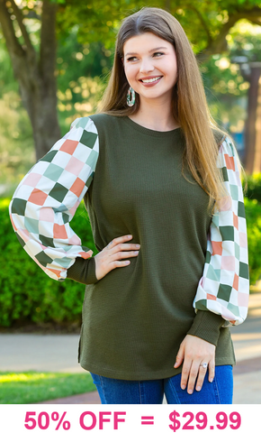 Olive Green top with checkered sleeves