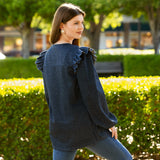 Denim style ruffle shoulder top